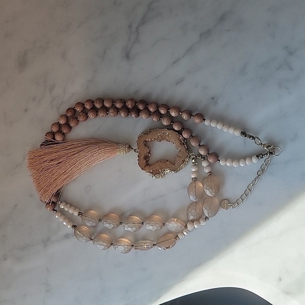 Anthropologie Nakamol Crystal Druzy Beaded Long Necklace Tassel - Picture 7 of 7